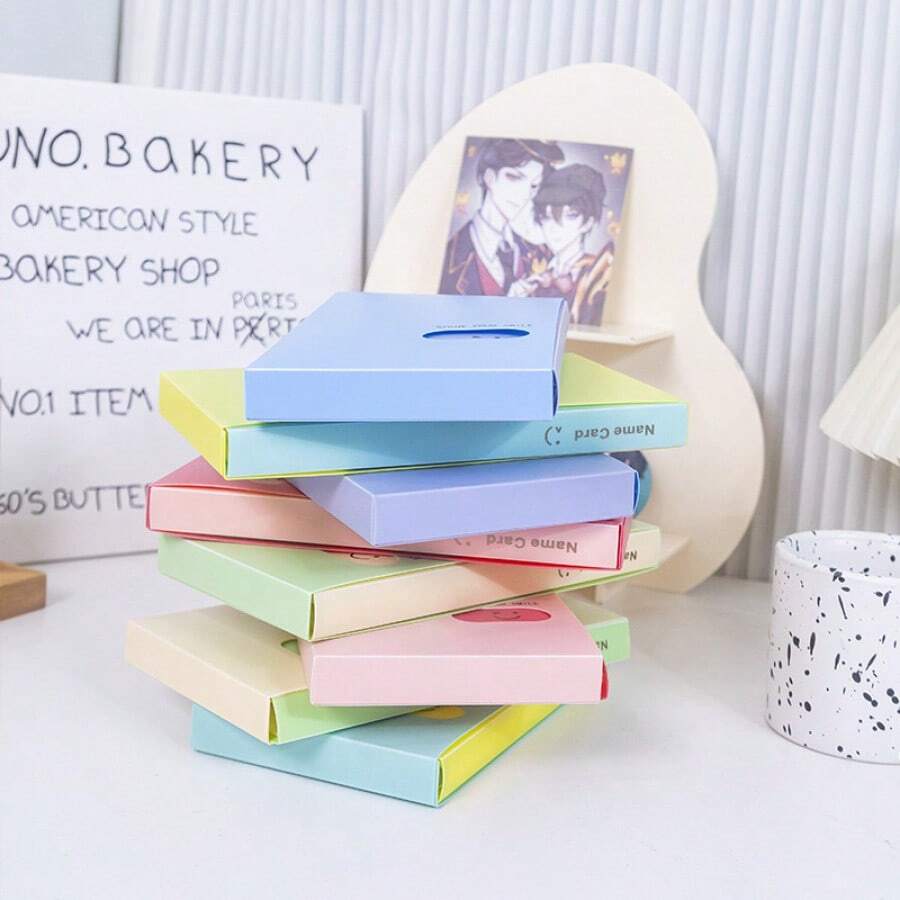 1PC Box Business Card Holder - Double-Sided Thickened , Macaron Color Series With Celebrity Patterns, Card Storage & Collection (9x5.7cm, Holds 120 Cards)
