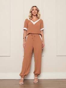 Women's Two-Tone Dune Fabric Suit With Long And Short Sleeves - 棕色 - 查看 2