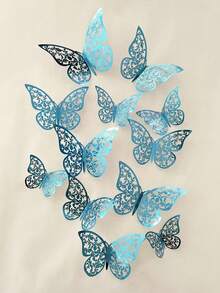 1 包（12 只）/4 包（48 只）空心装饰蝴蝶，全息反光蝴蝶贴纸，3D 蝴蝶墙饰，逼真道具彩虹蓝蝴蝶 - 藍色 - 查看 4