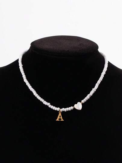 1 Pc Dainty Initial Necklaces For Girl Colorful Beaded Necklaces Handmade Personalized A-Z Gifts Stuff Bohemian Letter Choker Necklace With Heart Shaped Shells Jewelry Gift
