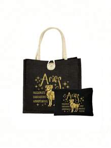 Geantă tote cu model de constelație aurie și geantă mică cu model de constelație, geantă tote neagră din in