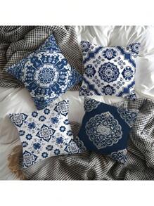 New Explosive Retro Blue And White Porcelain Printed Pattern Polyester Short Plush Home Decoration Sofa Cushion Cover 4 (No Pillow Core)