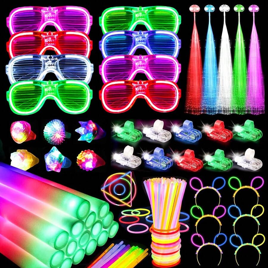 149 PCS LED Glow Party Favors Bulk, Foam Glow Sticks/LED Glasses/Finger Light/Jelly Rings/LED Light Hairs, Glow In The Dark Party Supplies For Wedding Birthday Rave Party - Multicolor - View 1