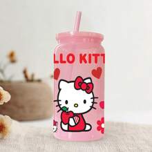 Sanrio 1 pieza Botella de agua de plástico rosa de 16 oz con estampado de Hello Kitty de Sanrio, adecuado para café, bebidas, cerveza, leche, jugo, un gran regalo de hidratación de verano para ella (con pajita reutilizable)