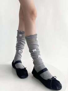 1 par de calcetines/medias altos de punto y encaje con diseño de lazo, cordones cruzados y costillas, ideal para primavera/otoño