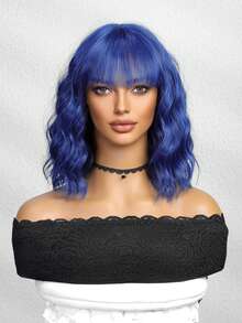 14 Inch Multi-Color Short Curly Bangs Synthetic Wig, Suitable For Women's Daily, Party, Christmas And Other Occasions - Blue - View 3