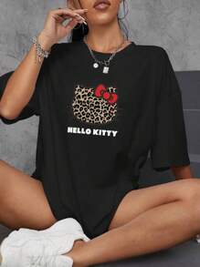 Sanrio 1 Pc Hello Kitty Women Casual Cartoon Print Round Neck Short Sleeve T-Shirt Graphic Shoulder Tees Women Tops Loungewear Base Layers Summer For Women