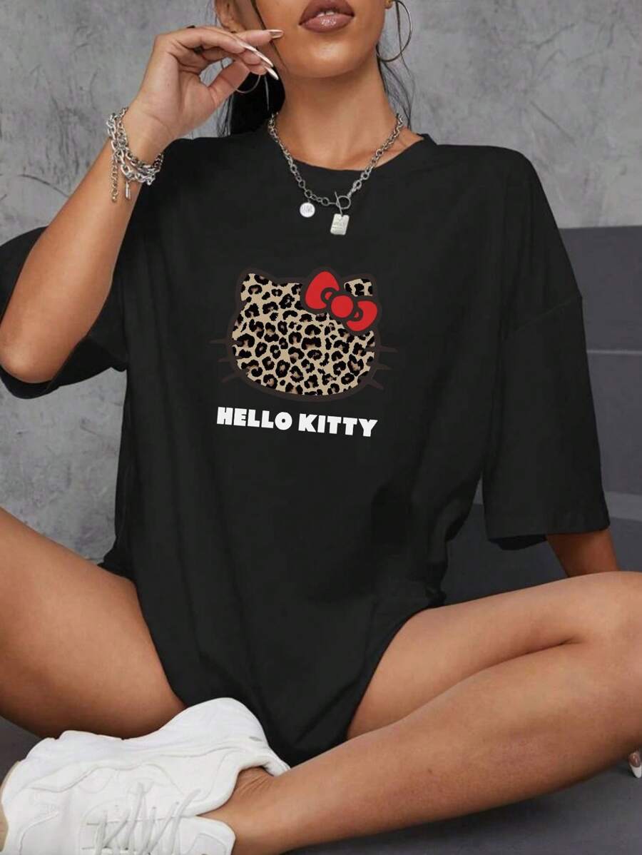 Sanrio 1 Pc Hello Kitty Women Casual Cartoon Print Round Neck Short Sleeve T-Shirt Graphic Shoulder Tees Women Tops Loungewear Base Layers Summer For Women