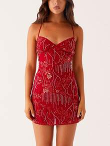 Women Y2K Sequin Beaded Mini Dress Sparkle Rhinestone Cami Short Dress Glitter Sleeveless Club Party Short Dresses - 紅色 - 查看 2