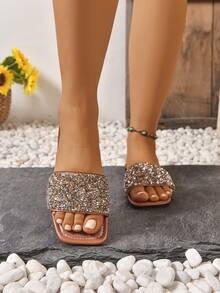 Women's Slip-On Elegant Comfortable Casual Crystal Embellished Flat Fashion Sandals - Brown - View 4