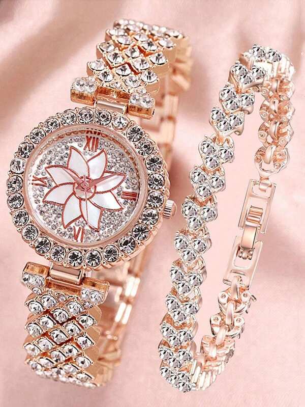 2pcs/Set Casual Fashionable Luxury Fully Rhinestoned Elegant Ladies Watch