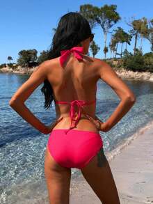 Women's Halterneck Tie Top Push Up Bikini Set - Sexy Two Piece Swimsuit Y2K 2024 Summer High Waisted Beach Vacation Swimwear - 粉色 - 查看 5
