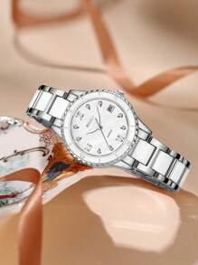 BIDEN 1 peça pequeno relógio redondo retrô luxuoso feminino, elegante relógio de quartzo com pulseira, design clássico relógio feminino com data