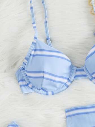 PEPPERMOLLY 女士泳衣，性感时尚，蓝色泳装三件套，夏季海滩，比基尼套装。