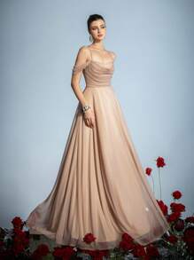 Faeriesty Elegant Cold Shoulder Bridesmaid Gown With Adjustable Rope-Tie Back & Flowing Wide Skirt | Luxury Formal Wear For Weddings, Galas, And Cannes Parties