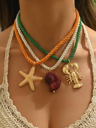1 件时尚波西米亚海洋元素吊坠项链，包含金海星、合金龙虾、ABS 树脂海螺、防褪色防水绳身，适合女性在海滩度假、街头佩戴，可购买 1 件或 3 件套装