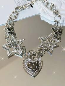 星形爱心项链，朋克复古女式重工业 Y2K，独特设计，高端甜美酷炫辣妹领链 - 一條星星愛心項鍊 - 查看 2