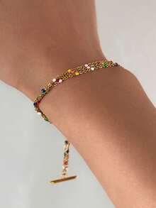 1 件几何三层 O 形环彩色串珠不锈钢手链，时尚优雅，适合女性，适合派对和日常服装配饰 - 彩色 - 查看 2