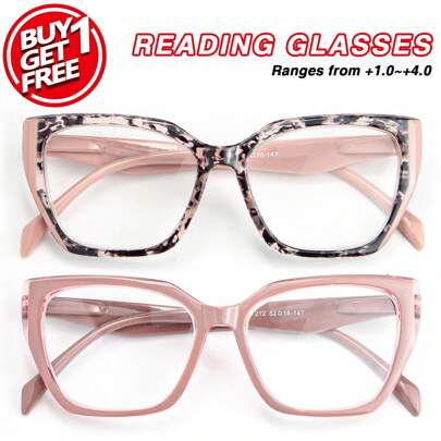 2pcs Cat Eye Large Frame Women's Reading Glasses, Romantic Pink Glossy Frame, High-Definition Lenses With Solid Leopard Print Contrast Design, Elegant & Fashionable Ladies Reading Glasses Set