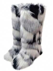 Womens Faux Fur Boot Winter Fluffy Long Furry Boots For Girls Outdoor Fuzzy Knee-High Boots - Black and White - View 7