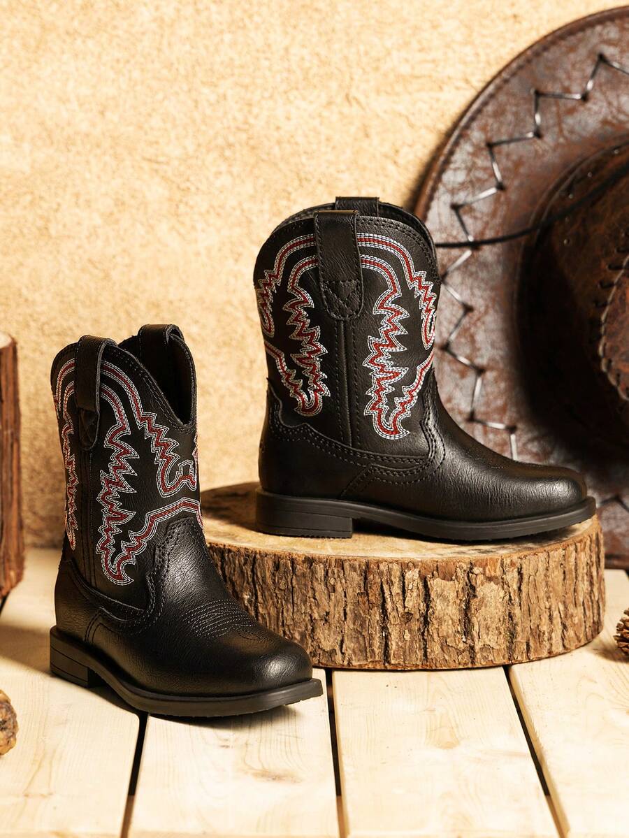 1 Pair Classic Embroidered Fashion All Season Children Boots, Toddler Little Boys Girls Cowboy Boots,Everyday And Vacation Wear, Low Heel Mid-Calf Girls Boots - 黑色 - 查看 1