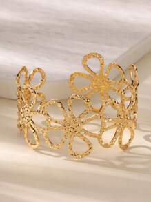 Brazalete ancho de acero inoxidable con diseño de flor para mujer, pulsera de estilo vintage geométrico simple con acabado mate, joyería de moda, regalo nuevo