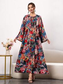 Women's Vintage Floral Print Maxi Dress - Long Sleeve Tie-Neck Boho Dress, Spring Summer Casual Loose Fit Layered Dress,Elegant Long Sleeve Robe,Summer Dresses,Dresses Classy Elegant