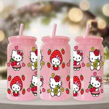 Sanrio 1 pieza Botella de agua de plástico rosa de 16 oz con estampado de Hello Kitty de Sanrio, adecuado para café, bebidas, cerveza, leche, jugo, un gran regalo de hidratación de verano para ella (con pajita reutilizable)