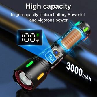 1 pezzo Torcia digitale arcobaleno, senza batteria, zoom telescopico, telefono ricaricabile, ricarica inversa, schermo digitale con display di carica, 5 modalità di illuminazione, in materiale di alluminio aerospaziale, 2000LM, luce notturna, luce per campeggio all'aperto, torcia portatile