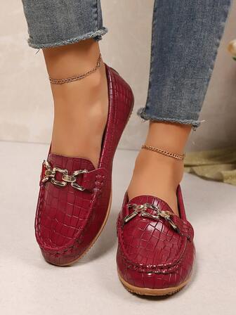 New Casual Slip-On Loafers, Fashion Plaid Pattern, Versatile Solid Color, Comfortable Breathable, Metal Buckle Decoration, Handmade Lace Trim, Flat Bottom, Soft Leather Surface, Casual Sneakers For Women, Suitable For Spring/Summer