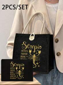 Geantă tote cu model de constelație aurie și geantă mică cu model de constelație, geantă tote neagră din in