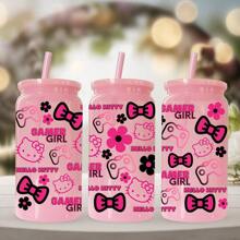 Sanrio 1 pieza Botella de agua de plástico rosa de 16 oz con estampado de Hello Kitty de Sanrio, adecuado para café, bebidas, cerveza, leche, jugo, un gran regalo de hidratación de verano para ella (con pajita reutilizable)