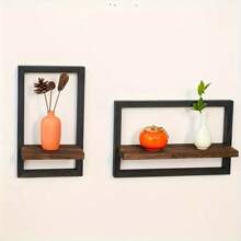 1 pieza Estantería de pared de madera vintage - Estantes cuadrados de exhibición Negro y Marrón con ganchos para fotos, velas, flores, álbumes y plantas en maceta - Ideal para decoración de sala de estar y oficina - Montaje de pared