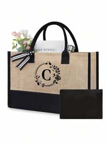 1/2 pezzi Borsa shopping tela con stampa lettere iniziali dalla A alla Z, con borsa portaoggetti cosmetici inclusa, borsa personalizzata, grande capacità, adatto per matrimoni, compleanni, spiaggia, vacanze, scuola, ottimo regalo per donne, mamme, insegnanti, amiche, damigelle d'onore, studenti, borsa grande. Borsa casual capiente e portatile, adatta per lo shopping multifunzionale