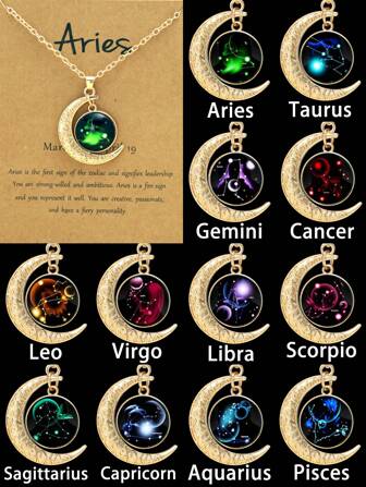 1 件复古夜光 12 星座项链带月亮吊坠，十二生肖卡项链派对/生日礼物