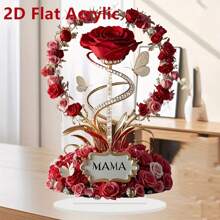 1pc 2D Red Rose & Butterfly "MAMA" Acrylic Desk Decor, Desktop Home Decoration, Suitable For Mother's Day, Mom's Birthday Gift