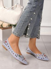 Women's Punk Fashion Rhinestone Flat Pointed Toe Shoes, Office Party - Blue - View 3