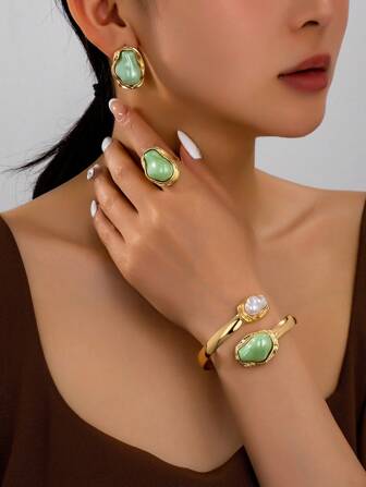 3pcs Bohemian Asymmetrical Pearl Bracelet, Earrings, And Ring Jewelry Set, Romantic And Elegant Gift For Women