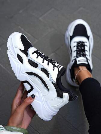 1 Pair New Patchwork Contrast Color Tongue Letter Thick Sole Casual Breathable Fabric Sneakers For Teenagers