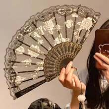 1pc Exquisite Gold Rose Lace Fan, Elegant And Beautiful Lace Material, Cool Fan Accompanies Your Daily Travel, Gatherings And Parties, Suitable For Photography And Dancing, A Must-Have Decorative Item For Fashionable Women's Charm! Vintage Black Lace Folding Fan JK Lolita Cheongsam Fan Antique Style Photo Props Lace Lace Women Folding Summer Wedding Gifts Dance High End Props Folding Fan Fan Hand Fanfolding Fan - Golden Rose Lace Fan - View 8