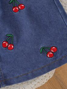 2 件套女婴休闲时尚华夫格编织樱桃刺绣上衣 + 配套樱桃刺绣牛仔裙 - 紅色 - 查看 7