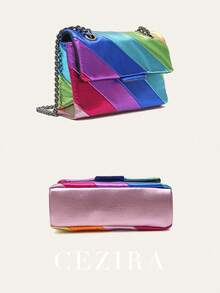 CEZIRA Women's Fashionable Metallic PU Vegan Leather Handbag Multi Color Stripes Patchwork Quilted Magnet Flap Cover Shoulder Bag Long Chain Cross Body Small Square Purse Elegant Versatile For Daily Use Holiday Dating Gift - Nhiều màu - Xem 6