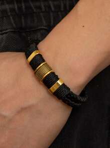 Fashionable Simple Woven Double Layer Leather Cord Bracelet For Men, Magnetic Clasp Leather Wristband Jewelry