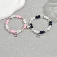 Sanrio 2pcs Set Hello Kitty Charm Beaded Bracelet With Heart Magnetic Clasp, Couple Bracelet, Cute Bracelet, Suitable For Daily Outfit, Gift For Boyfriend/Girlfriend