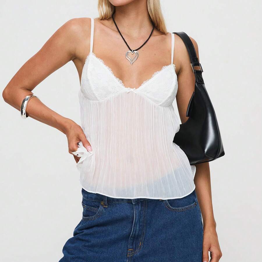 Women Y2k Babydoll Tank Tops Lace Trim V Neck Crop Cami Spaghetti Strap Peplum Top Summer Cute Aesthetic Flowy Shirts - 白色 - 查看 1