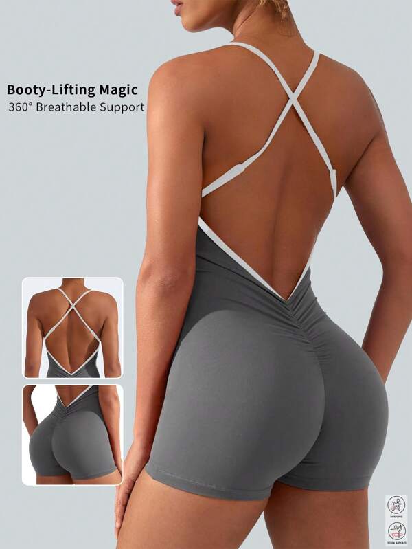 6pecil 1 pieza de mono de yoga de una sola pieza con almohadilla de pecho desmontable, espalda cruzada y hermosa, mono de fitness peach elástico de tiro corto para mujeres