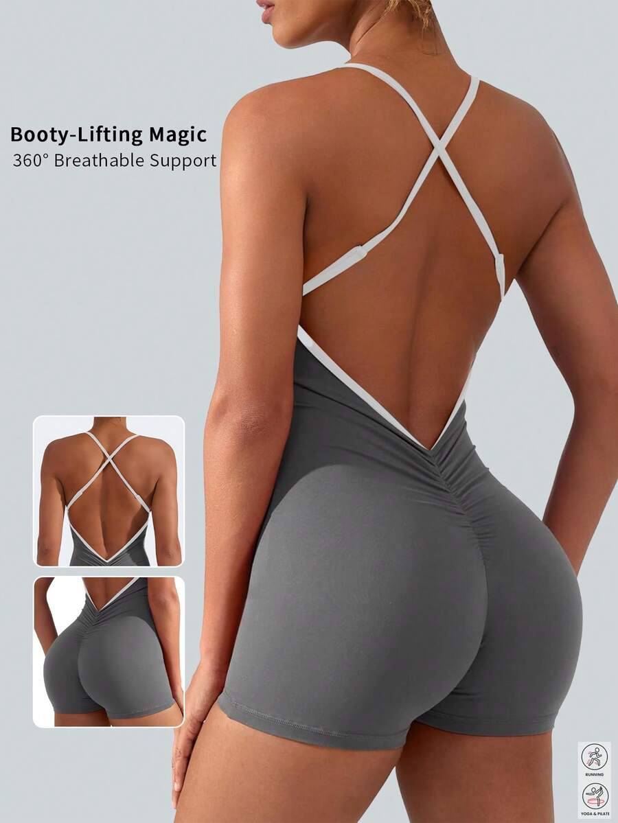 6pecil 连体瑜伽服，带可拆卸胸垫，交叉露背设计，凸显蜜桃臀型，健身运动连体服，弹力五点式短裤，女士夏季款。 - 灰色 - 查看 1