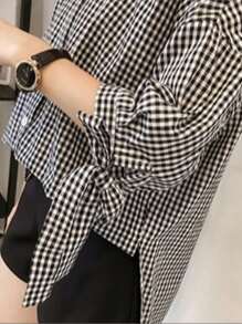 Peter Pan Collar Plaid Bowknot 3/4 Sleeve Off Shoulder Elegant Tie-Up Blouse