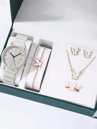 5 Stück/6 Stück - Quarzuhr Set mit Silikonarmband und Schmetterlings-Armband - Zeigenuhr, Mehrfarbige Auswahl, jede Kombination, das perfekte Geschenk