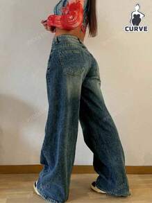 Jeans dritti a vita elastica, modello semplice e vintage, per donna